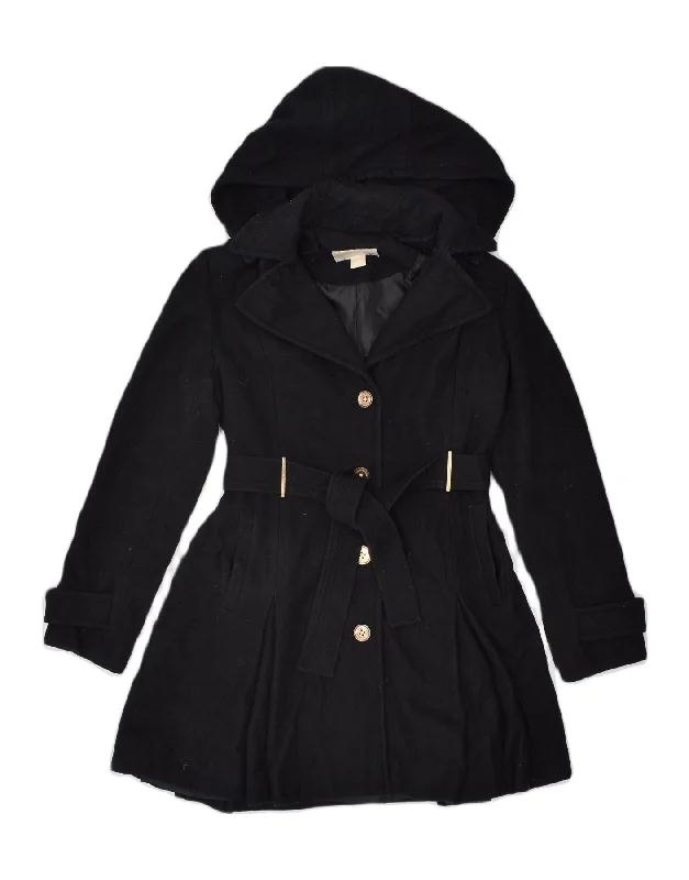 MICHAEL KORS Womens Hooded Overcoat US 4 Small Black Polyester Monochromatic All - in - one MICHAEL KORS Womens Hooded Overcoat US 4 Small Black Polyester Monochromatic All - in - one