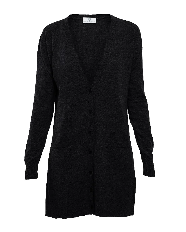 NEW FALL 24 - Women's Long Pure Cashmere Cardigan Sweater Black by Monticelli Cashmere Polished Women's Silk