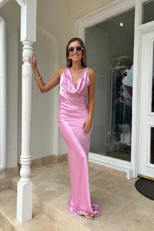 Drape Front Maxi Dress Pink Monochromatic Office Style