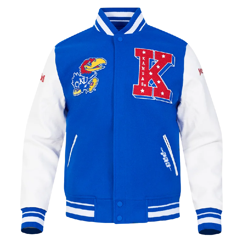 NCAA UNIVERSITY OF KANSAS CLASSIC MEN'S RIB WOOL VARSITY JACKET (ROYAL BLUE/WHITE)