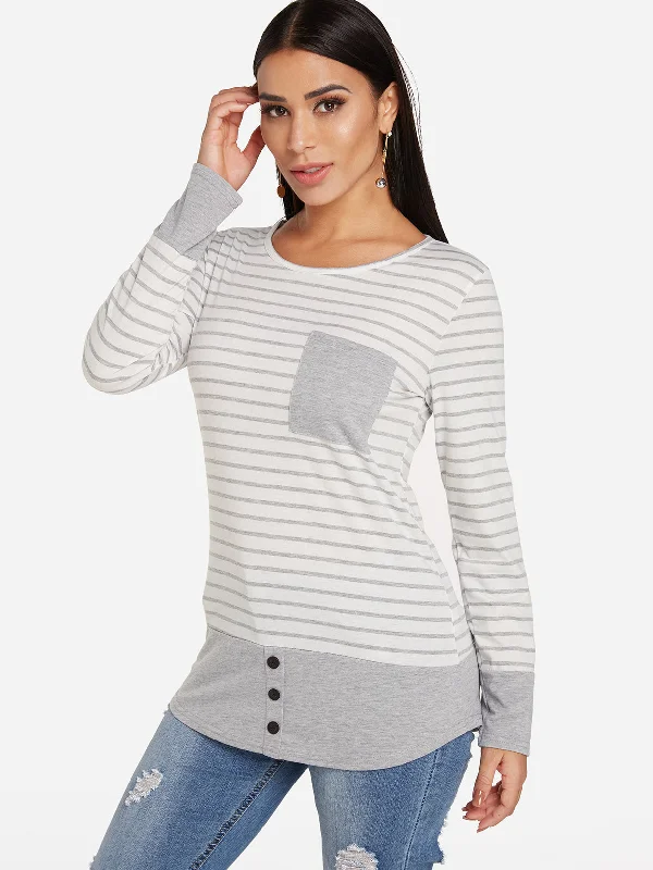 Custom Round Neck Stripe Long Sleeve Curved Hem White Top