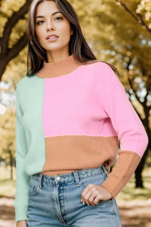 Color Block Mock Neck Dropped Shoulder Sweater Compression