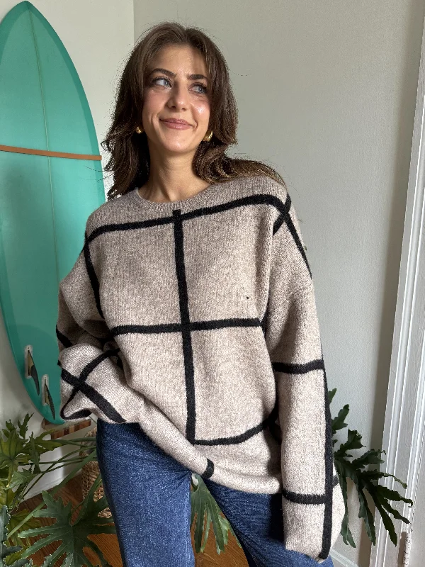 Lilah Taupe Grid Patterned Knit Pullover Sweater garde