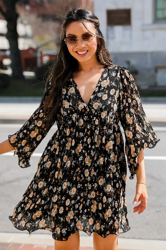 FINAL SALE - Ready To Blossom Black Floral Babydoll Mini Dress Hip Women's Urban