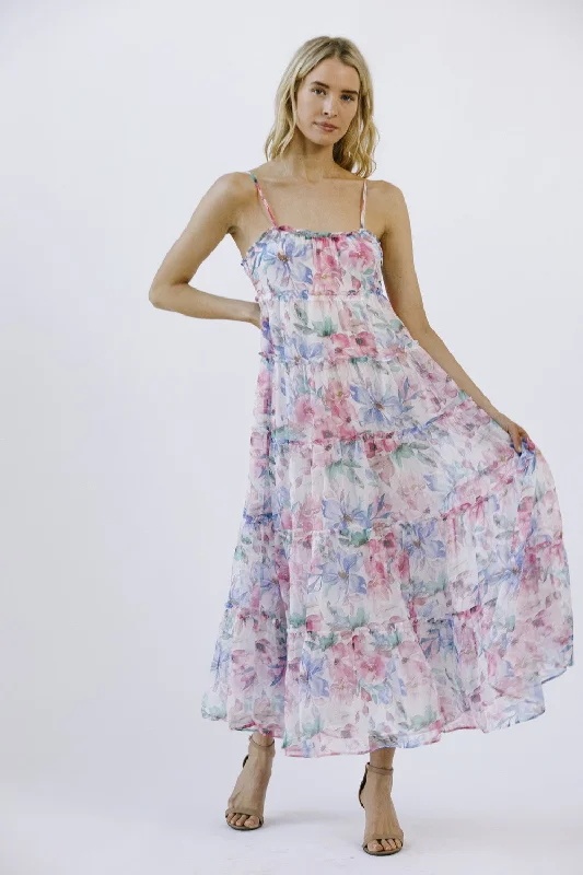 Multicolor Floral Chiffon Ruffle Tiered Maxi Dress