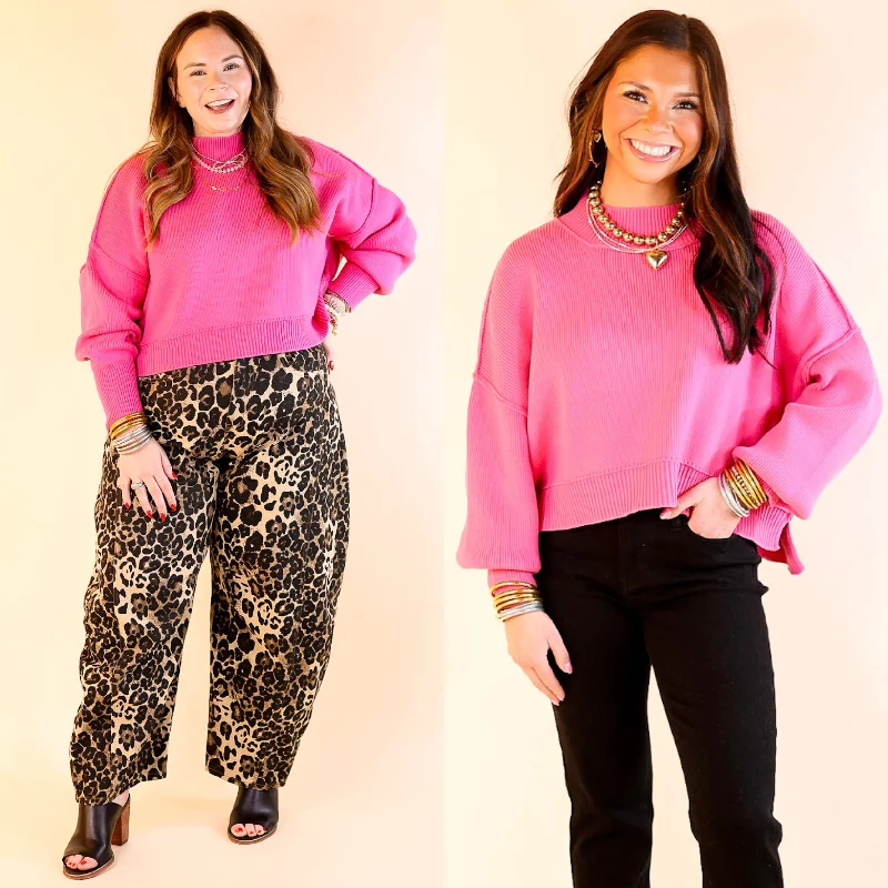 Fireside Fit Cropped Long Sleeve Mock Neck Sweater in Fuchsia Pink Bold Women's Animal Print