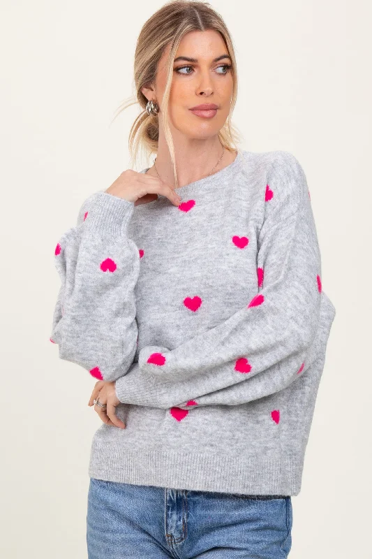Heather Grey Heart Print Oversized Sweater Feminine Women's Style 