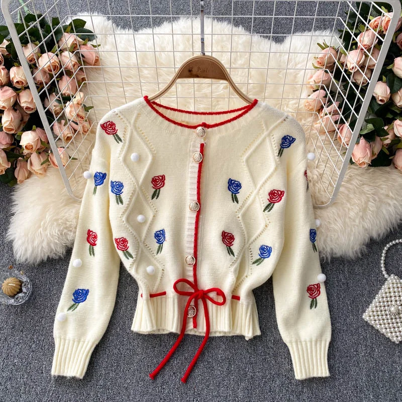 Knit cardigan, vintage, embroider flower, loose long sleeve sweater, short paragraph spaghetti strap top, sweet two sets 1339