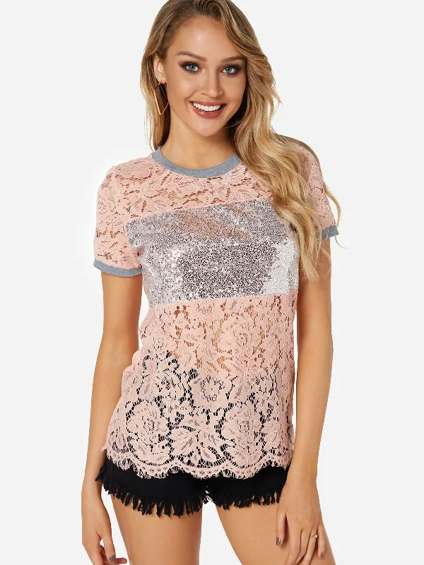 Custom Crew Neck Plain Hollow Sequins Embellished Short Sleeve T-Shirts Practical Women's Multi - Custom Crew Neck Plain Hollow Sequins Embellished Short Sleeve T-Shirts Practical Women's Multi -