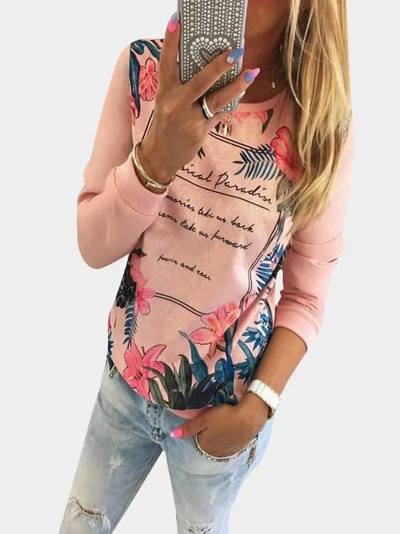 Custom Crew Neck Floral Print Long Sleeve Pink T-Shirts Hip Women's Retro