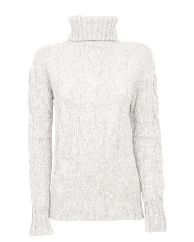 NEW FALL 24 - Women's Pure Cashmere Cable Knit Turtleneck Sweater Off White by Monticelli Cashmere Laid - back Women's Style