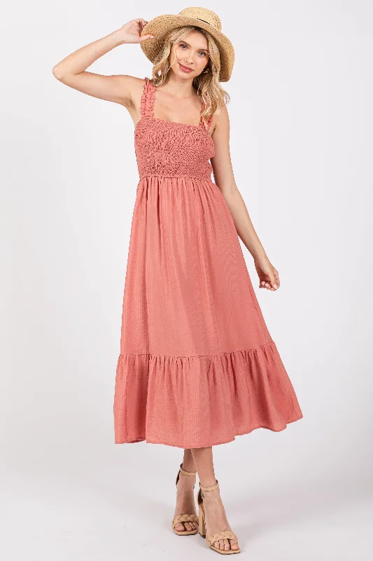 Rust Smocked Bodice Maxi Dress