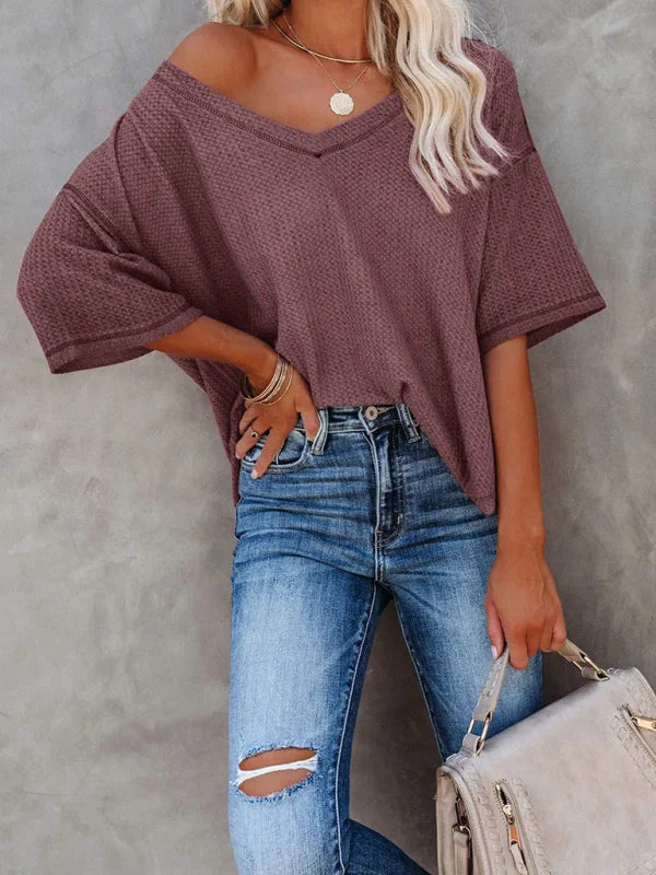 Women's V Neck Loose Sleeve Waffle Knit T-Shirt