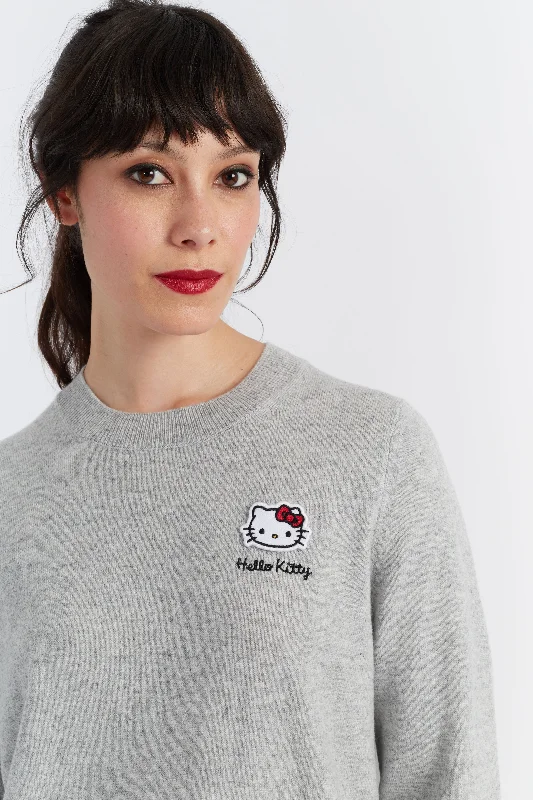 Grey Wool-Cashmere Hello Kitty Badge Sweater Youthful Women's Pop