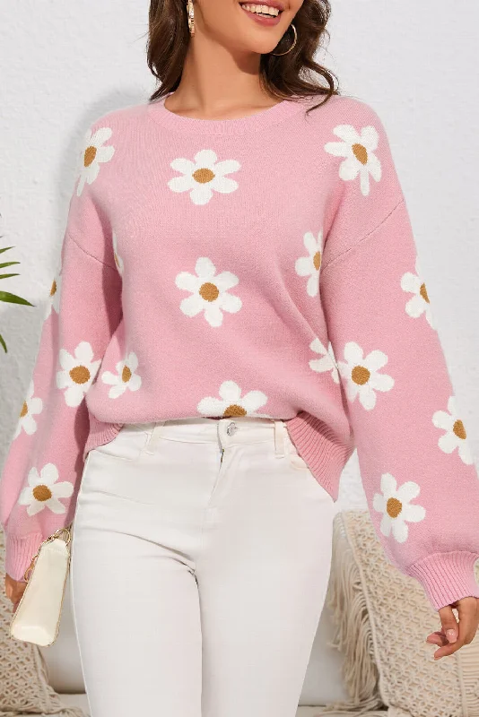 Flower Round Neck Dropped Shoulder Sweater Practical Women's Multi - 