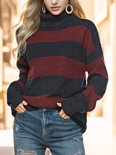 Striped Turtleneck Long Sleeve Sweater Modern Women's 