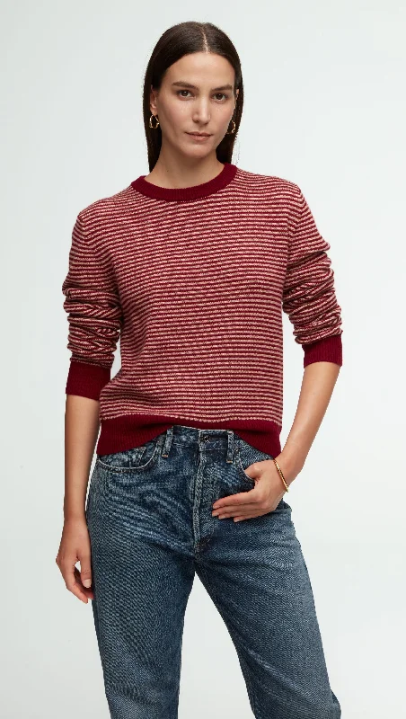 Striped Crewneck Sweater in Wool-Cashmere | Camel/Merlot Athletic Women's 