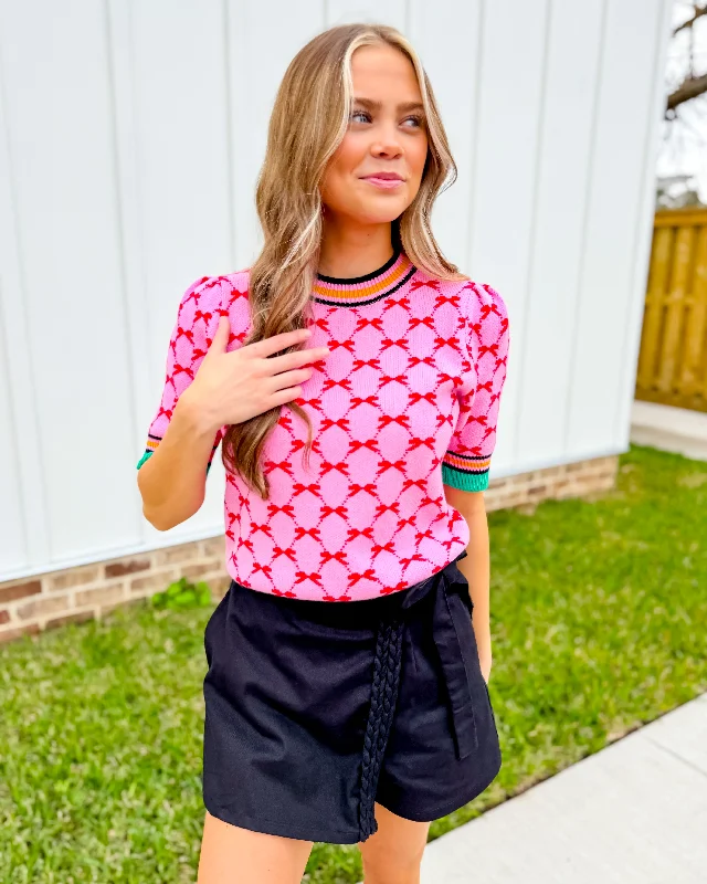 THML Pink Short Sleeve Bow Knit Top Dynamic Women's Moto