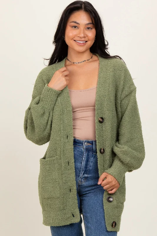 Light Olive Fuzzy Knit Oversized Button Up Cardigan Edgy Women's Punk