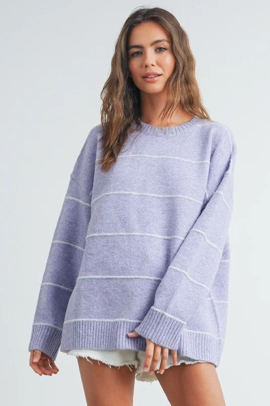 Lavender Striped Drop Shoulder Sweater Cool Women's Skate