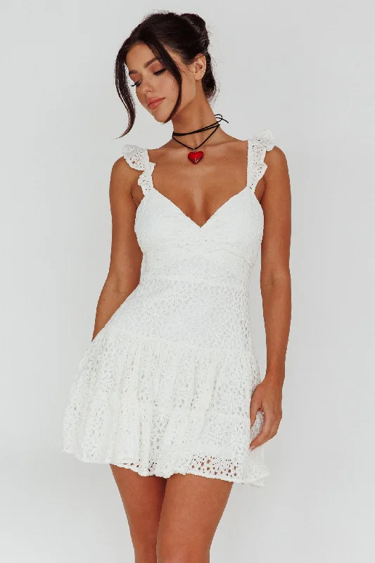 Short Notice Ruffle Strap Lace Mini Dress White Polished Women's Silk