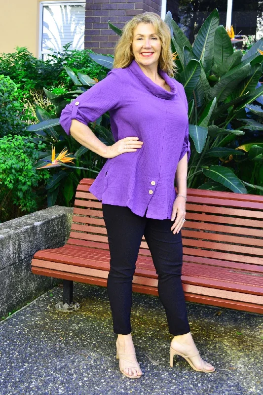 Purple Rolled Neck Coconut Button Tunic Top