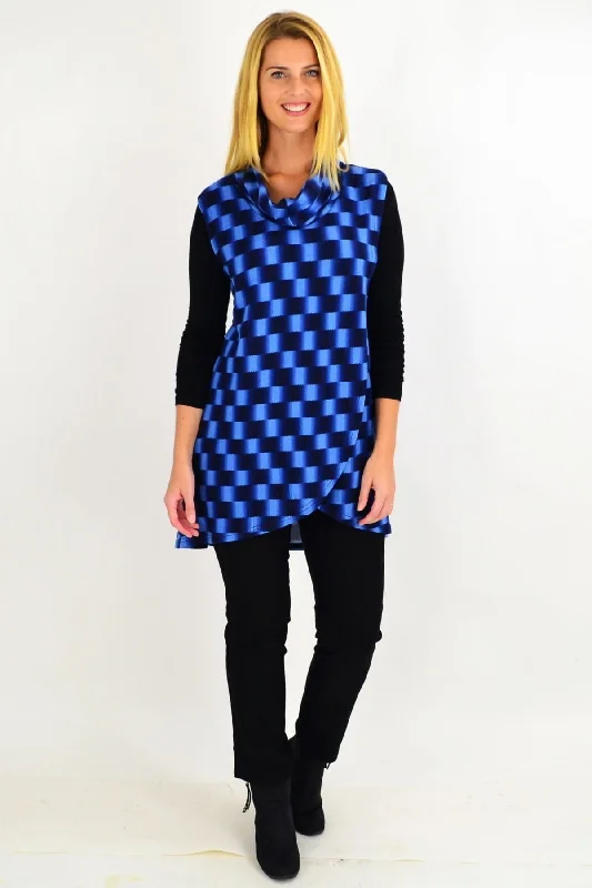 Blue Check Fold Over Front Tunic Top