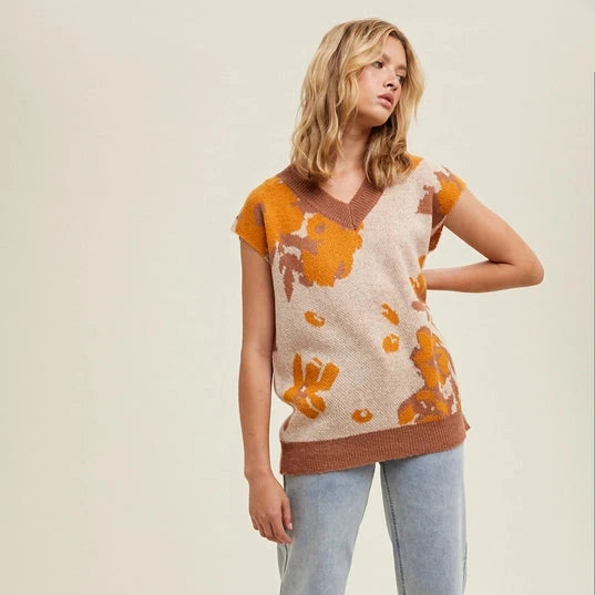 Women's Floral Watercolor Jacquard Sweater Vest in Taupe Clay Cool Women's Skate