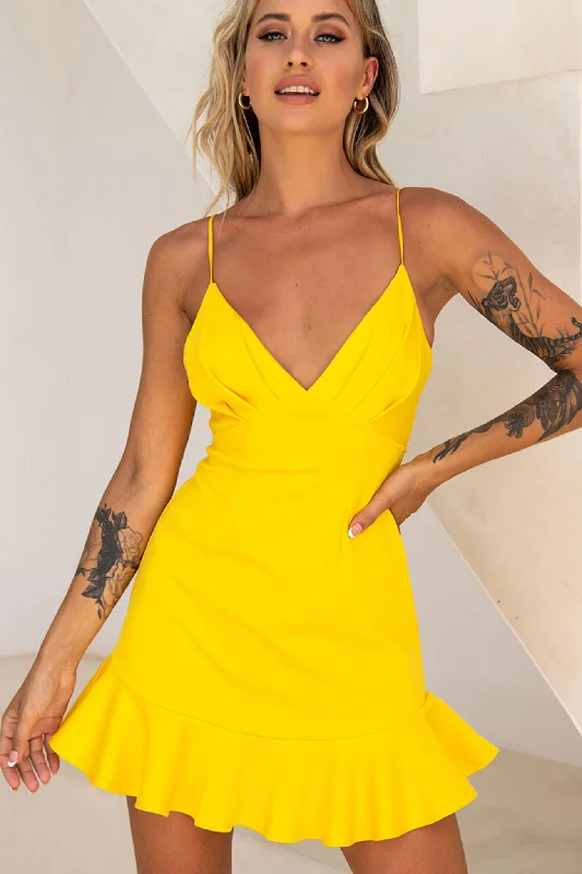 Chicago Pleated Bust Cami Strap Dress Yellow Bold Women's Statement