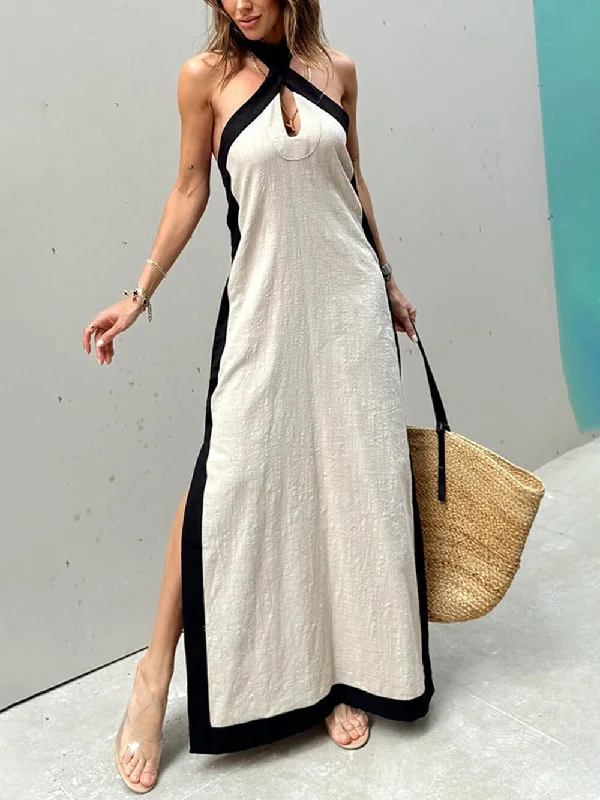 Color Block Halter Charming Neck Slit Maxi Dress