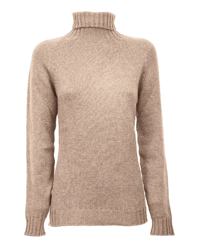 NEW FALL 24 - Women's Cashmere Raglan Sleeve Turtleneck Sweater Taupe by Monticelli Cashmere Confident Women's High - fashion