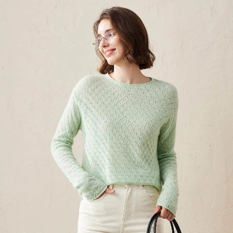100% Cashmere Diamond Pattern Pullover Sweater Dapper Women's Bow - adorned