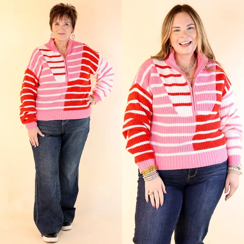 Sweetheart Stripe Half Zip Striped Sweater in Red and Pink Bold Women's Animal Print