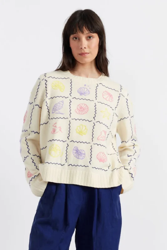 Cream Wool-Cashmere La Mer Embroidered Sweater Trendy Women's 