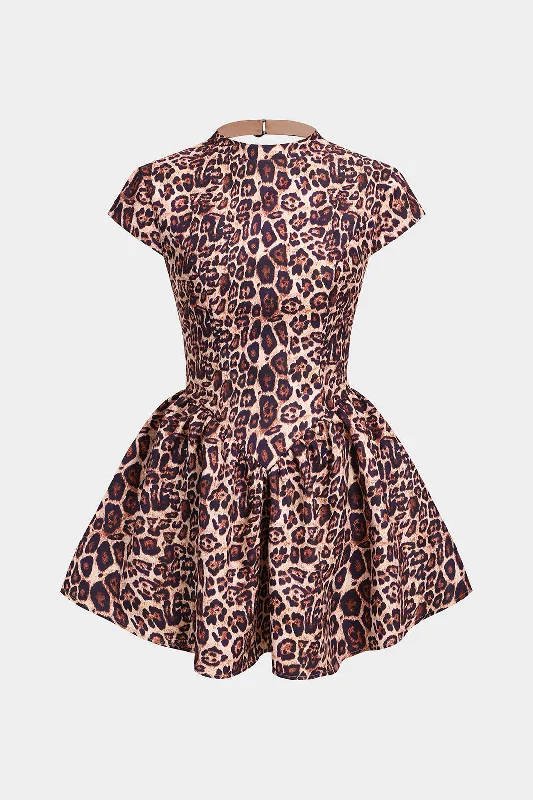 Leopard Print Backless Zipper Button Short Sleeve Mini Dress Traditional Women's Wool