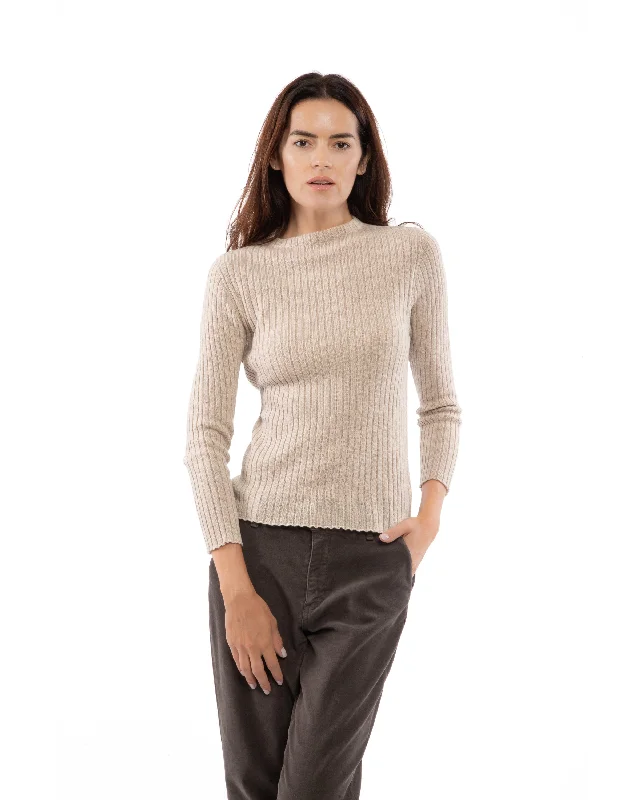 NEW FALL 24 - Women's Cashmere Vertical Rib Crew Neck Sweater Beige by Monticelli Cashmere Practical Women's Quick - dry