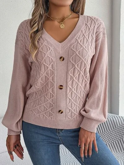 Cable-Knit V-Neck Lantern Sleeve Sweater Elegant Women's 