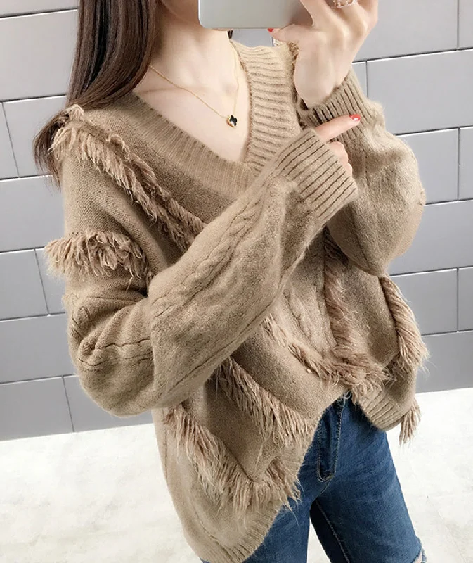 Sweet tassel v-neck sweater long sleeve sweater  120