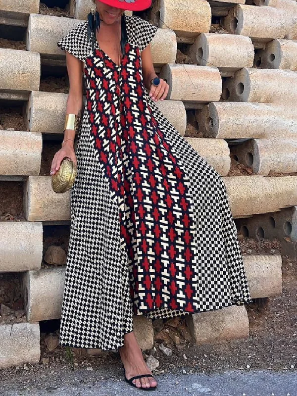 Ethnic Unique Print Ruffle Graceful Sleeve A-line Maxi Dress