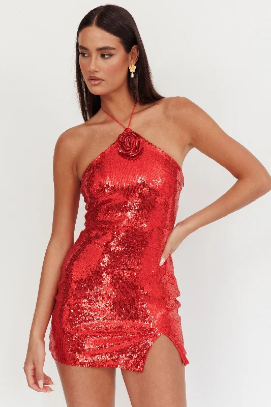 Senora Halter Sequin Mini Dress Red Bold Women's Statement