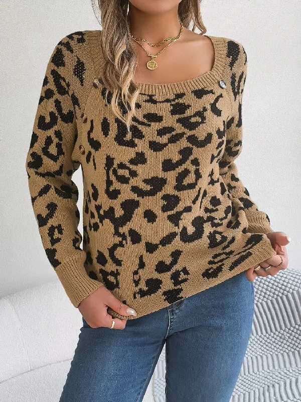 Leopard Buttoned Square Neck Sweater Casual Women's Loose - fitting