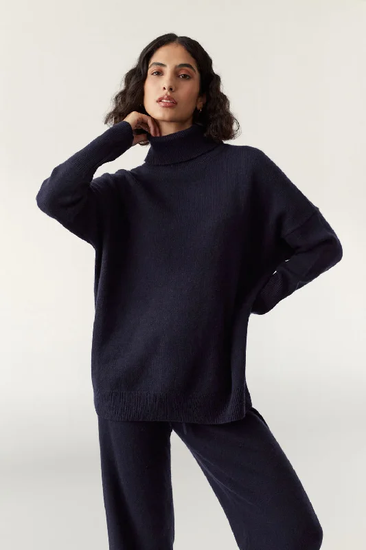 Navy Cashmere Rollneck Sweater Sophisticated Women's Tailored