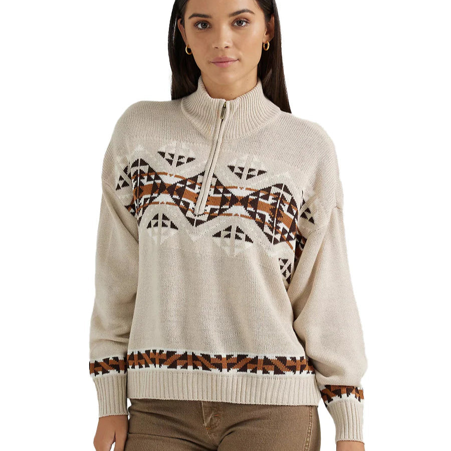 Wrangler Retro Women's Western Vintage Quarter Zip Relaxed Sweater in Grey Preppy Women's College