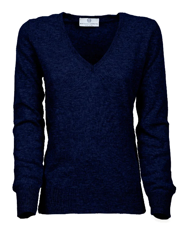 NEW FALL 24 - Women's Pure Cashmere V-Neck Sweater Melange Blue by Monticelli Cashmere Dapper Women's Bow - adorned