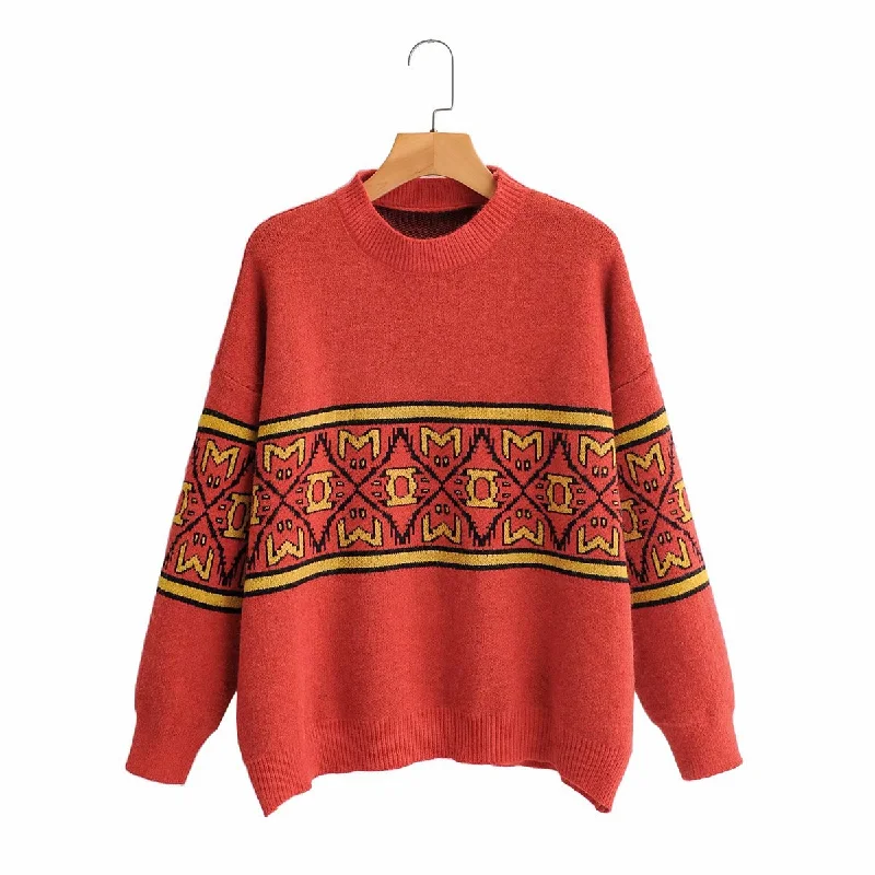 Women's pullover knitwear vintage art jacquard loose sweater  1345