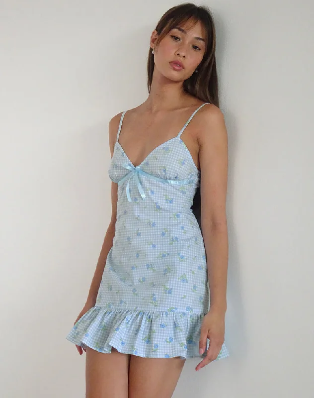 Tivata Mini Dress in Blue Flower Gingham Hip Women's Urban
