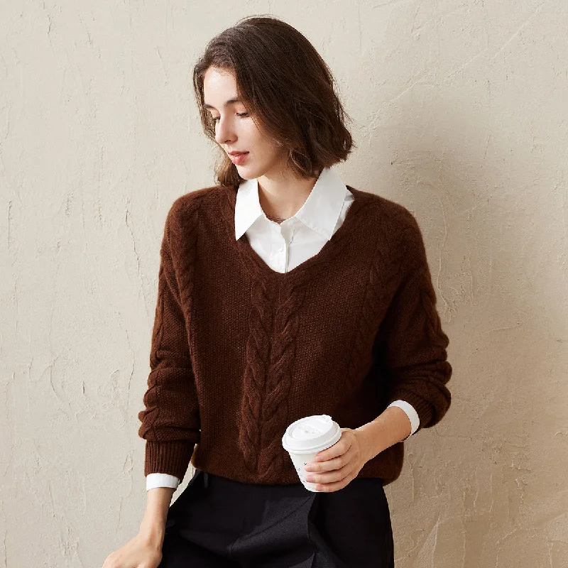 100% Cashmere Cable Knit V-Neck Sweater Cozy Women's Winter