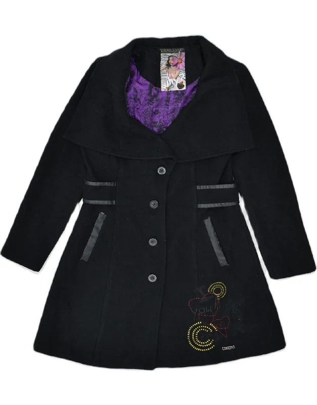DESIGUAL Womens Belted Overcoat EU 38 Small Black Wool Artistic Women's Avant - 