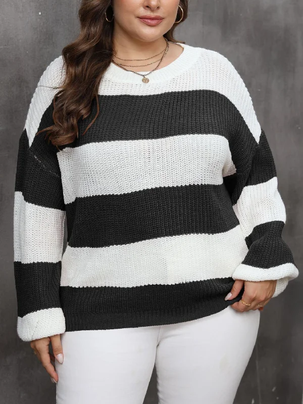 Plus Size Striped Round Neck Long Sleeve Sweater Luxurious Women's High -  end
