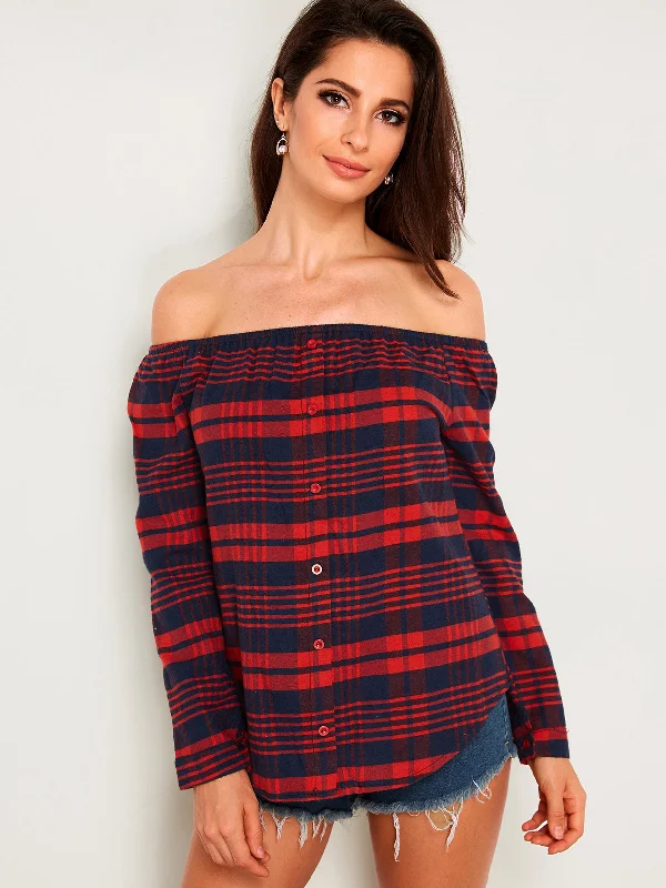 Custom Off The Shoulder Stripe Long Sleeve Irregular Hem Red T-Shirts